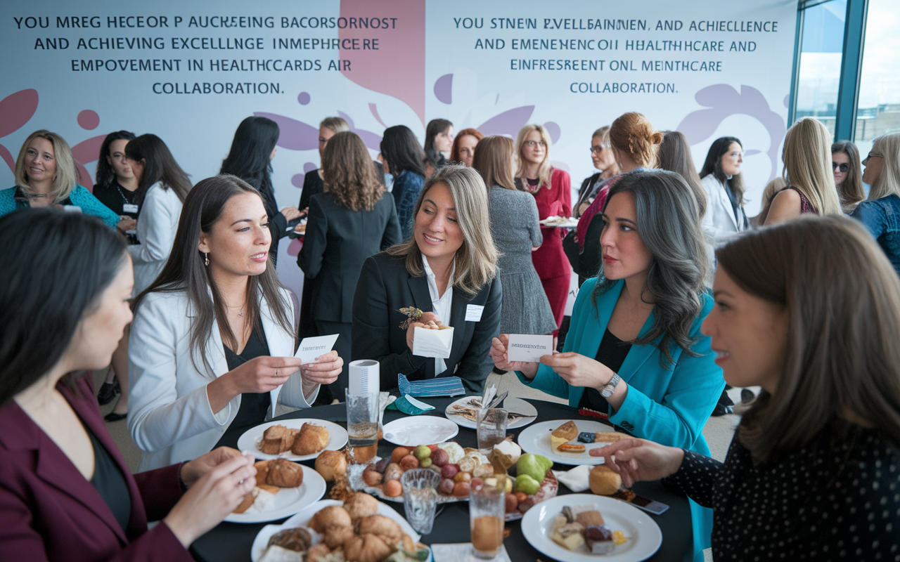 A lively networking event featuring women in medicine connecting with each other over refreshments. Some women are exchanging business cards, while others are animatedly discussing projects and mentorship opportunities. The decor includes inspirational quotes on overcoming barriers and achieving excellence in healthcare, embodying empowerment and collaboration.