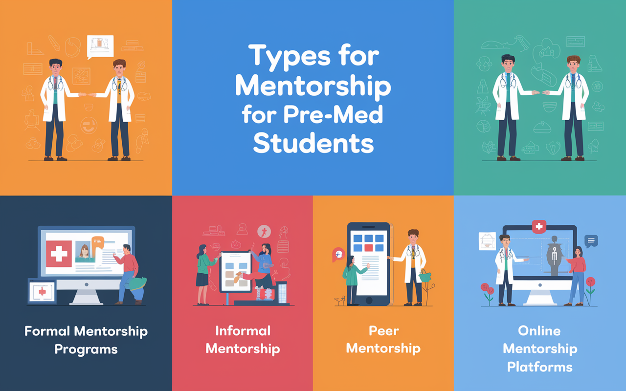 An infographic style composition showcasing different types of mentorship for pre-med students, featuring icons and illustrations for Formal Mentorship Programs, Informal Mentorship, Peer Mentorship, and Online Mentorship Platforms. Each section is visually distinct, with bright colors and clear, engaging graphics. The background is subtle and educational, symbolizing the guidance theme, creating a friendly and informative tone.