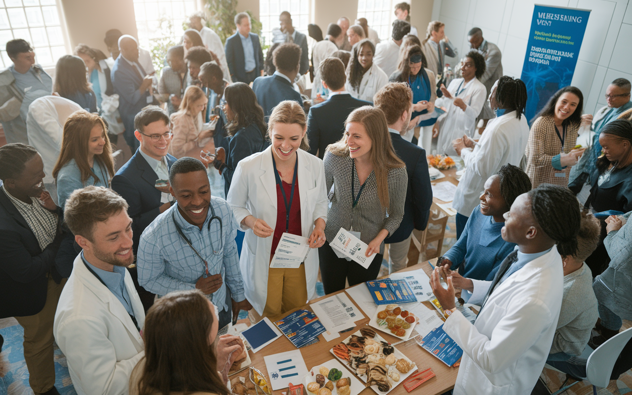 A vibrant scene of a networking event at a university, where pre-med students are engaging with experienced physicians and alumni. The room is filled with excited groups, laughter, and open discussions. Students are holding resumes and business cards, while mentors are sharing their experiences. Soft overhead lighting creates an uplifting and energetic atmosphere. Details include tables with promotional materials, freshly prepared refreshments, and a banner highlighting mentorship.