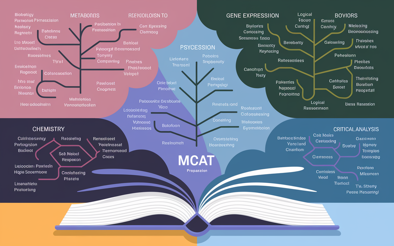 An intricate concept map showcasing various high-yield topics essential for MCAT preparation. Color-coded branches represent the four main sections: Biology, Chemistry, Psychology, and Critical Analysis, with detailed keywords like 'metabolism,' 'gene expression,' 'behaviors,' and 'logical reasoning.' The background is a soft gradient that symbolizes a study environment, illustrating the interconnectedness of these subjects. The overall composition emphasizes clarity and structure, aiding visual understanding.