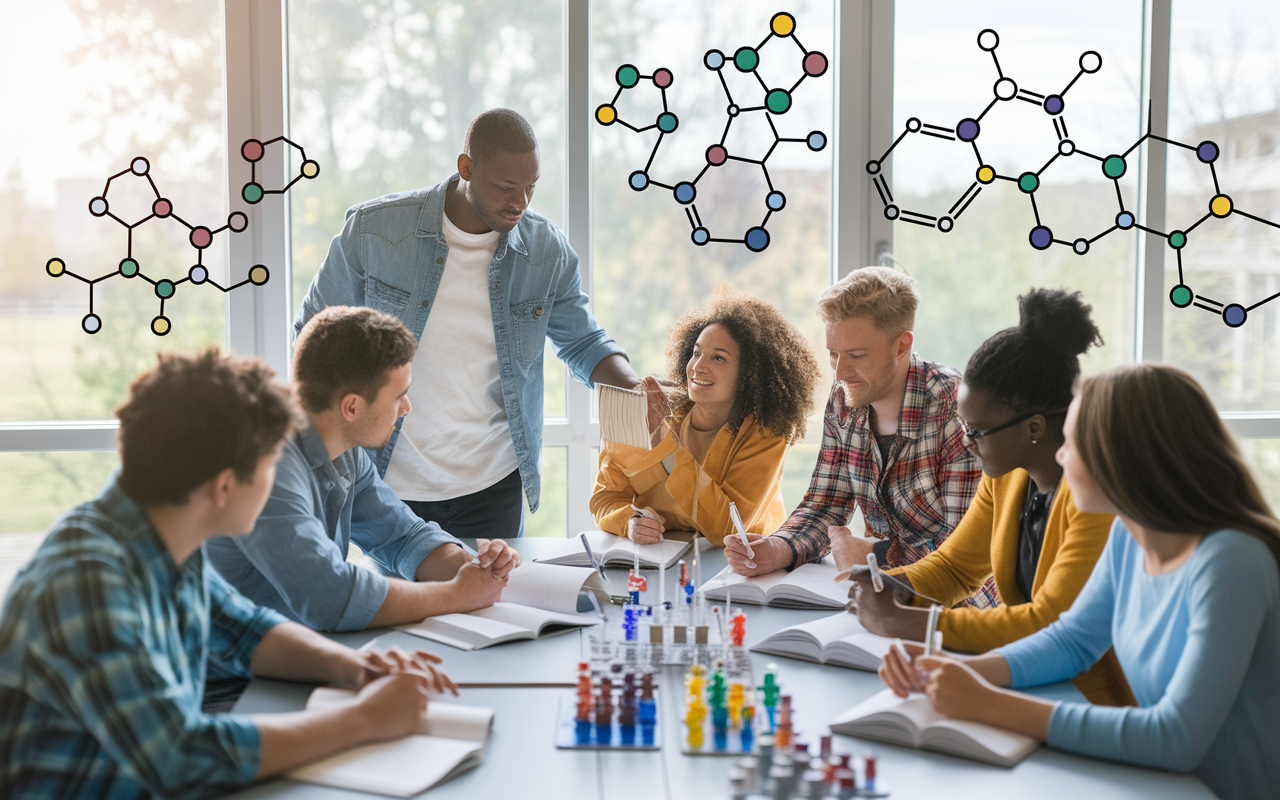 A group of diverse students collaborating in a study session, surrounded by chemistry models and textbooks. The room is filled with vibrant energy, with one student explaining concepts on a whiteboard while others take notes. Various colored molecular structures and reaction mechanisms illustrated in the background. Bright natural light streams in through windows, creating an inviting atmosphere for learning and teamwork.