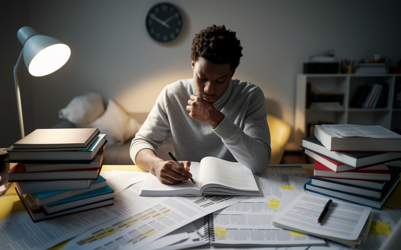 A focused individual sitting at a desk covered with books and articles, deeply engaged in reading comprehension exercises for CARS. The room is filled with notes and highlighted passages, indicating extensive preparation. A soft light illuminates the space, with a relaxed yet concentrated atmosphere, showing the commitment to mastering analytical reasoning skills. A wall clock in the background emphasizes the time spent on practice.