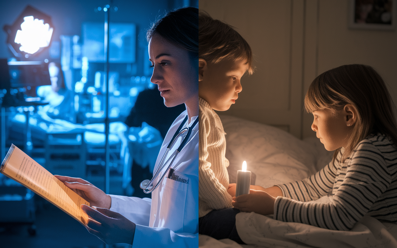 A split-screen image capturing the essence of a female physician's life: on one side, a busy hospital with her attending a late-night emergency, the glow of medical equipment illuminating her focused face; on the other side, a warm home setting with her reading a bedtime story to her children, showcasing the dual roles she manages. The contrasting lighting emphasizes the emotional weight of both situations, highlighting dedication, love, and stress.