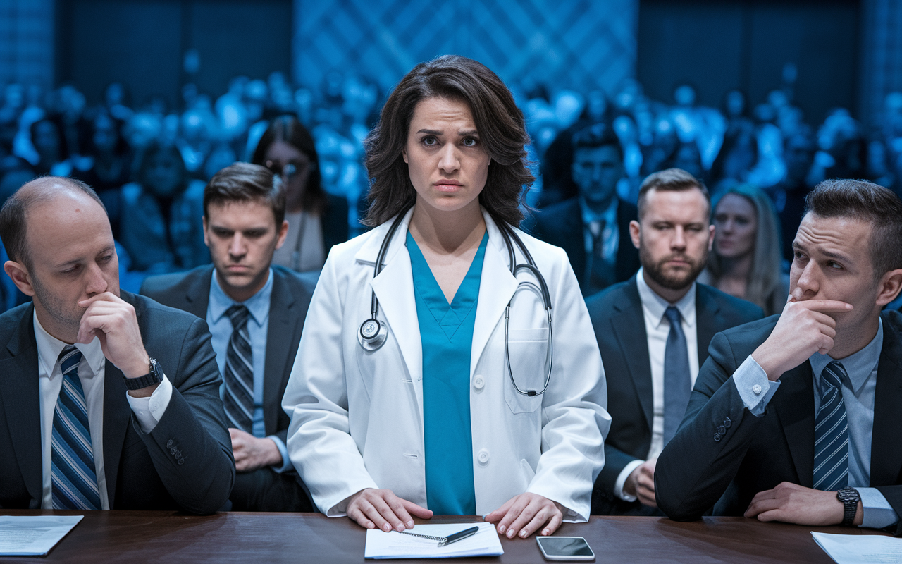 A scene showing a female physician at a medical conference, her expression a mixture of determination and discomfort as she stands before a panel of male colleagues who appear dismissive. The contrast highlights the subtle discrimination women face in professional settings. The background highlights an atmosphere of skepticism within a bustling conference hall, filled with participants, emphasizing the weight of gender bias in medicine.