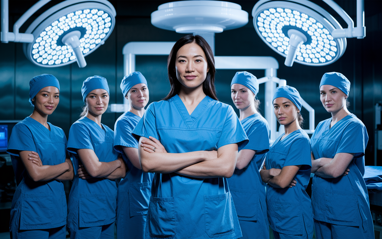 A powerful image of Dr. Jennifer Lin, a cardiothoracic surgeon, standing in an operating room with a confident pose, surrounded by a diverse surgical team. They all display a sense of camaraderie and respect. The background showcases advanced surgical tools and glowing equipment, highlighting a progressive environment. The lighting is bright, symbolizing a hopeful and inclusive future for women in surgery.