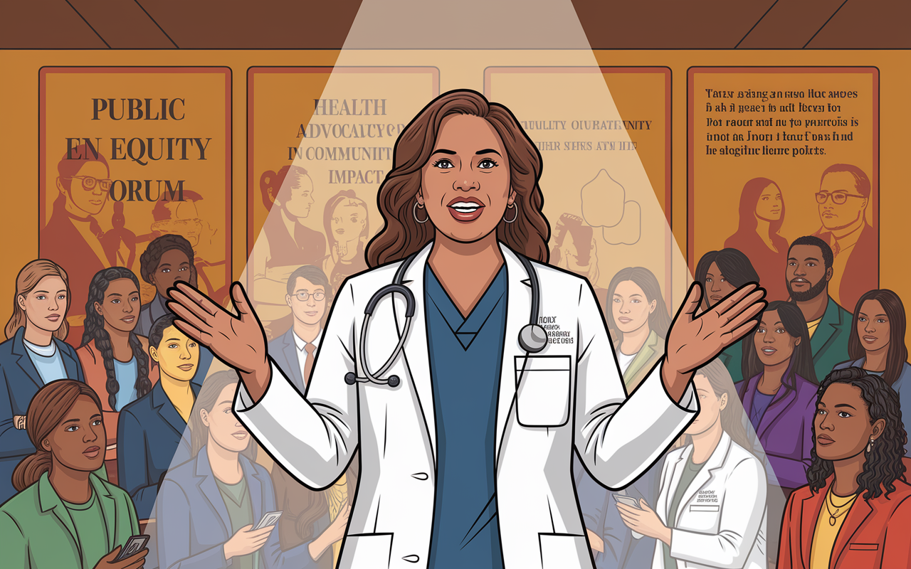 An inspiring scene depicting Dr. Sofia Reyes, an internist and health equity advocate, speaking passionately at a public health forum. Behind her, a diverse audience is engaged and attentive, with visual representations of health advocacy and community impact in the background. The spotlight is on her, symbolizing the importance of female voices in shaping healthcare policies. The atmosphere is empowering with warm lighting.