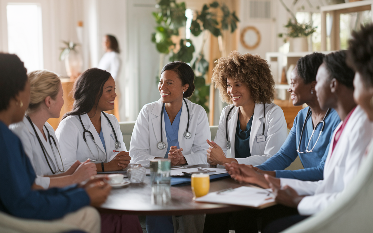 A warm and inviting image of a diverse group of female physicians gathered in a cozy meeting space. They are engaged in discussion, sharing experiences, with smiles and supportive expressions. Visual elements of mentorship, empowerment, and bond-building surround them. The atmosphere is bright and intimate, highlighting the importance of community and support among women in medicine.