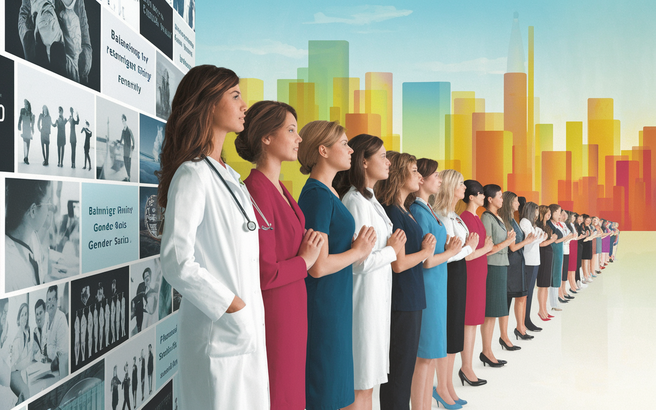 An artistic representation of a female physician confronting various challenges, symbolized by a wall of images depicting balancing family, gender bias, and mentorship difficulties. The background features a vibrant cityscape, indicating the broader society, while a column of resilient women stands tall in front of the wall, symbolizing strength and perseverance.