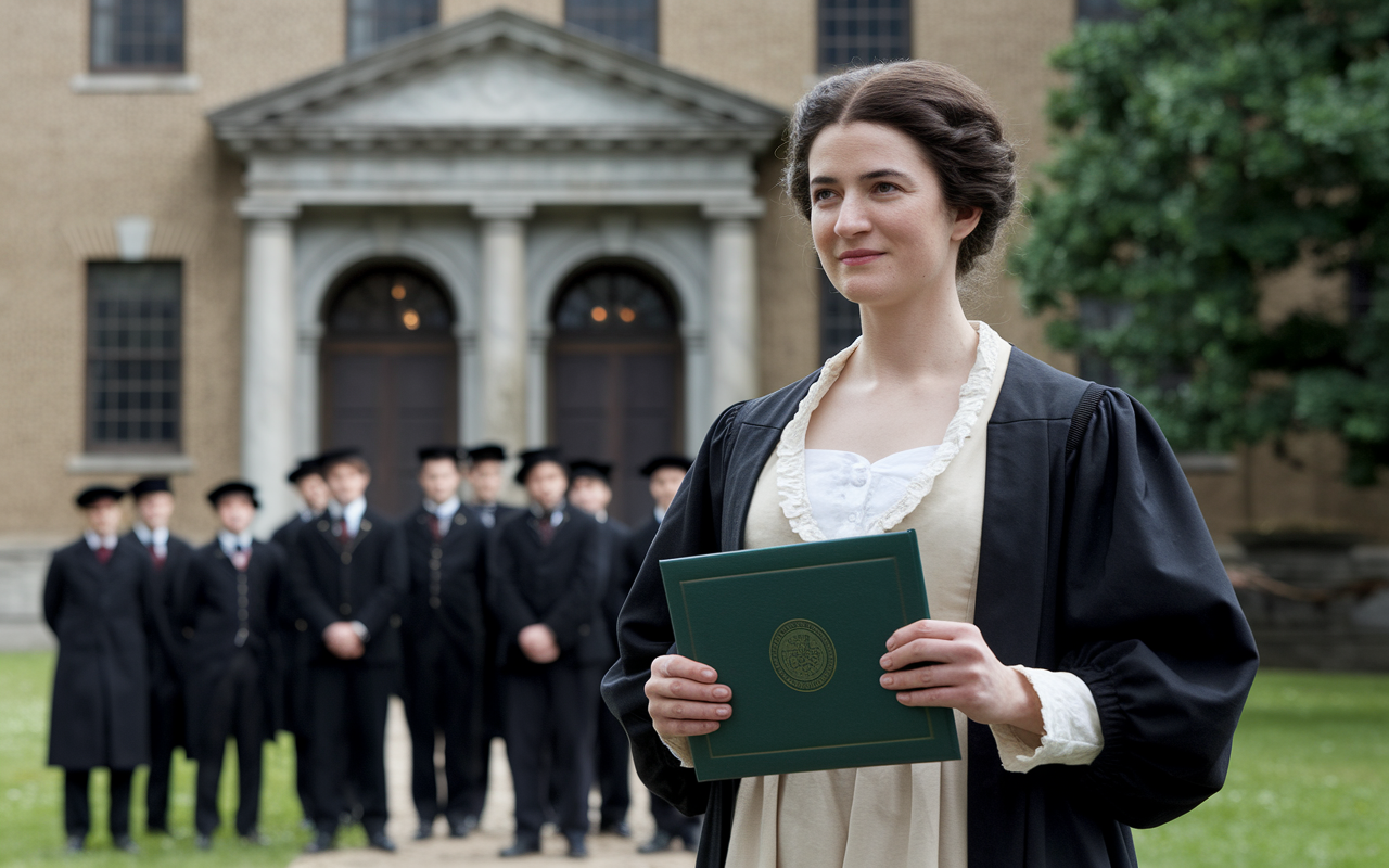 A historical reenactment featuring Elizabeth Blackwell, the first woman to graduate from medical school in the United States, standing proudly in front of an old medical school building in the mid-1800s. She is dressed in period-appropriate clothing, holding her medical diploma, with a determined expression. The background features a group of skeptical male students watching from a distance, underlining the gender biases she faced. The lighting is soft and warm, evoking a sense of triumph and the dawn of a new era in medicine.