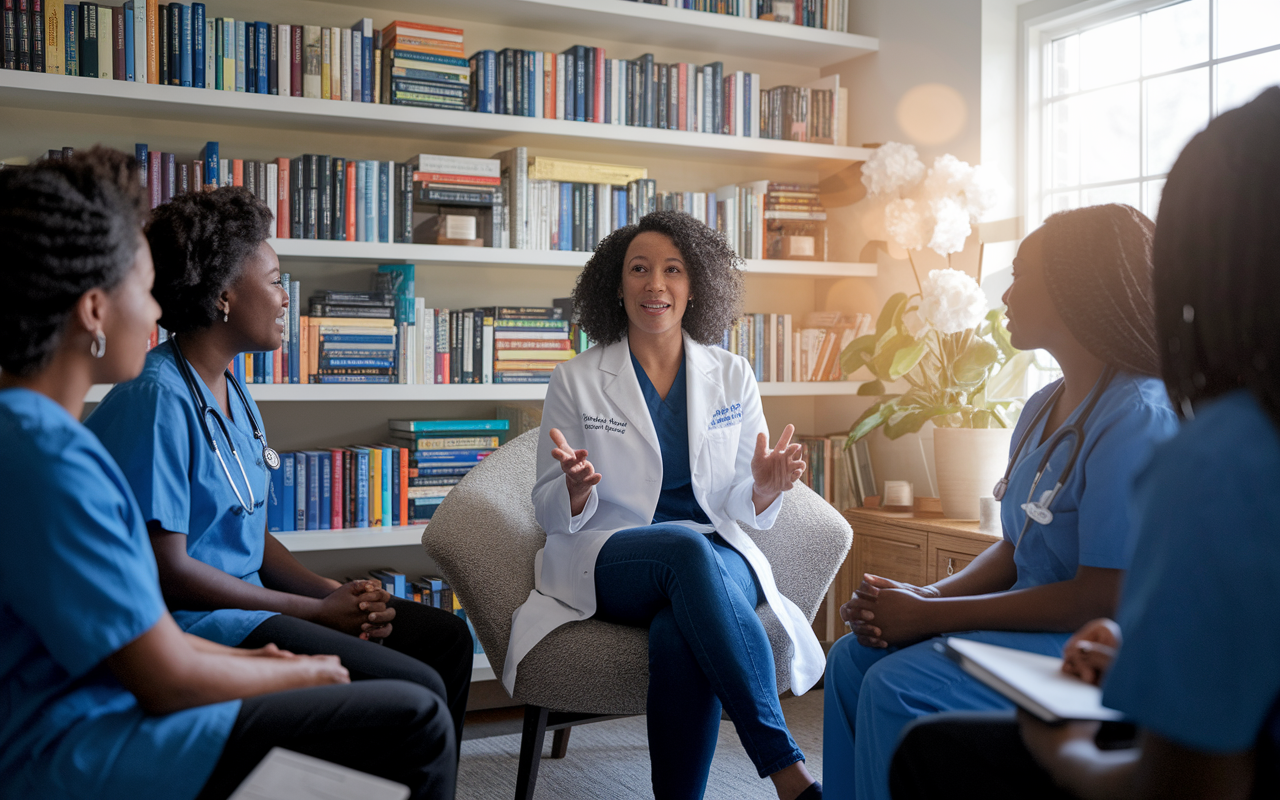 A motivational scene showing Dr. Nneka N. M. Abulafia, a family physician, sitting in a cozy office surrounded by inspirational books and mental health resources. She is speaking openly to a group of medical students, sharing her journey with depression during her residency. The students look engaged and supportive, reflecting a safe space for dialogue. Natural light filters through a window, casting a warm glow, symbolizing hope and the importance of mental health awareness in the medical community.