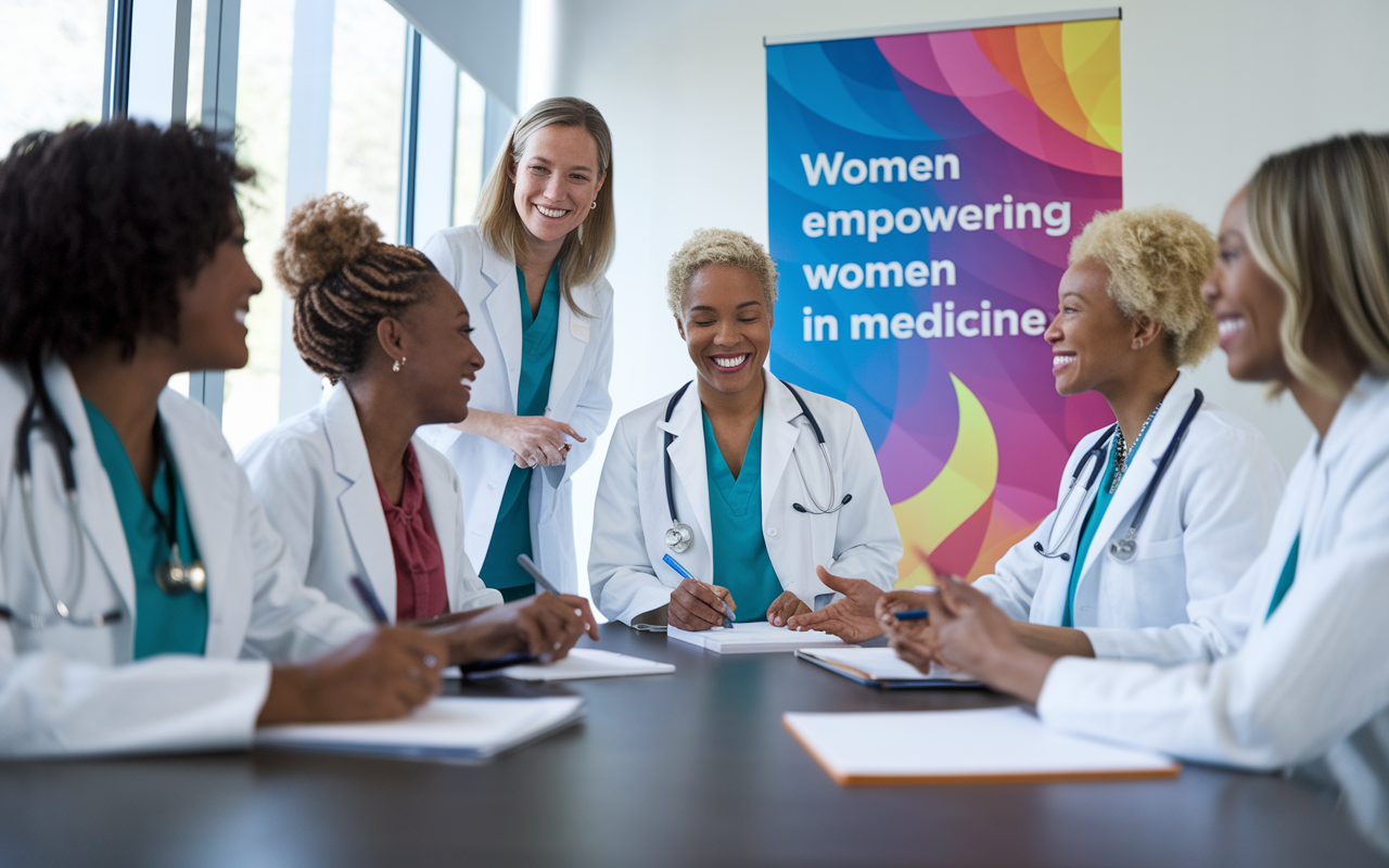 A vibrant scene in a medical mentoring program, showcasing a diverse group of women physicians of various backgrounds sharing experiences and advice in a well-lit conference room. They are animatedly engaged, with some taking notes while others offer encouragement. A colorful banner in the background reads 'Women Empowering Women in Medicine.' Bright, uplifting colors and natural lighting amplify the excitement and sense of community, representing the power of mentorship in overcoming challenges.