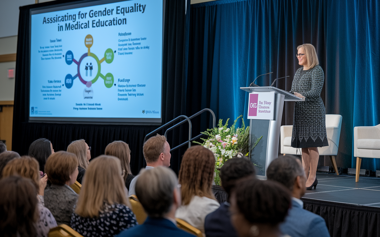 An inspiring image of Dr. Julie Silver standing at a podium during a medical conference, passionately advocating for gender equality in medical education. The audience is captivated, showcasing diversity among attendees. Behind her, an engaging infographic on gender equity is projected on a screen, reflecting her impactful research. The stage is well-lit, symbolizing hope and the future of women in medicine.