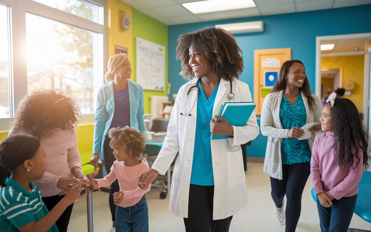 A dynamic scene featuring Dr. Isabel Denny, a pre-med student, volunteering in an underserved community clinic. She is interacting with children and families, offering care with genuine compassion while balancing her medical books. The clinic is vibrant and colorful, symbolizing hope and community support. The sunlight streaming through the windows creates a warm, inviting atmosphere, representing the impact of young women in medicine.