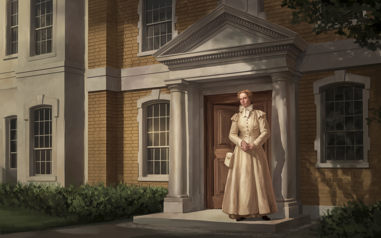 A historic depiction of Elizabeth Blackwell in 19th-century attire, standing confidently in the entrance of the New York Infirmary for Women and Children. The building displays an elegant yet modest architectural style reflective of the era. Blackwell is portrayed holding a medical textbook, her face filled with determination and hope. Soft, warm lighting enhances the sense of a pivotal moment in women's history in medicine.