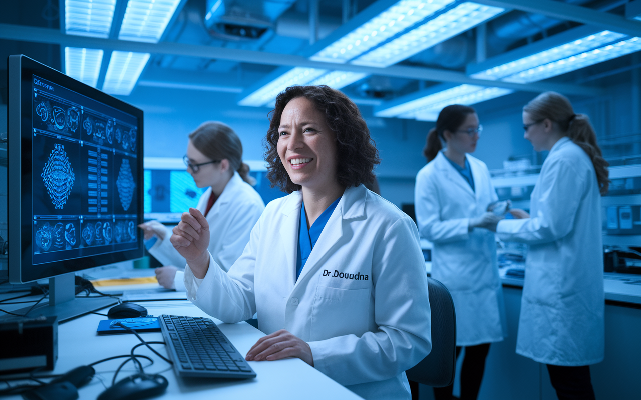 A high-tech laboratory scene featuring Dr. Jennifer Doudna surrounded by cutting-edge equipment and research displays on gene editing. She is focused on a digital screen showing DNA sequences, with lab assistants collaborating in the background. The lab is brightly lit with fluorescent lights, evoking a sense of scientific innovation. Her expression is one of concentration and excitement, representing the forefront of modern genetic research.