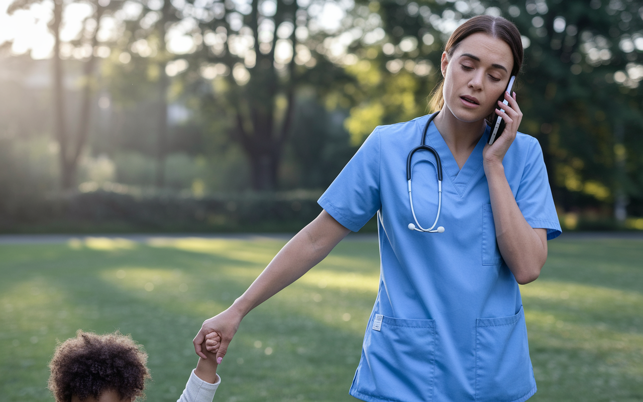 A woman physician in her scrubs, juggling a phone call about work while holding a child's hand in a park setting. Her expression shows a blend of determination and exhaustion, capturing the challenges of work-life balance faced by women in medicine. The background features a serene park scene with nature, contrasting her busy life. The soft sunlight creates a warm glow, emphasizing the difficulty yet importance of nurturing both career and family.