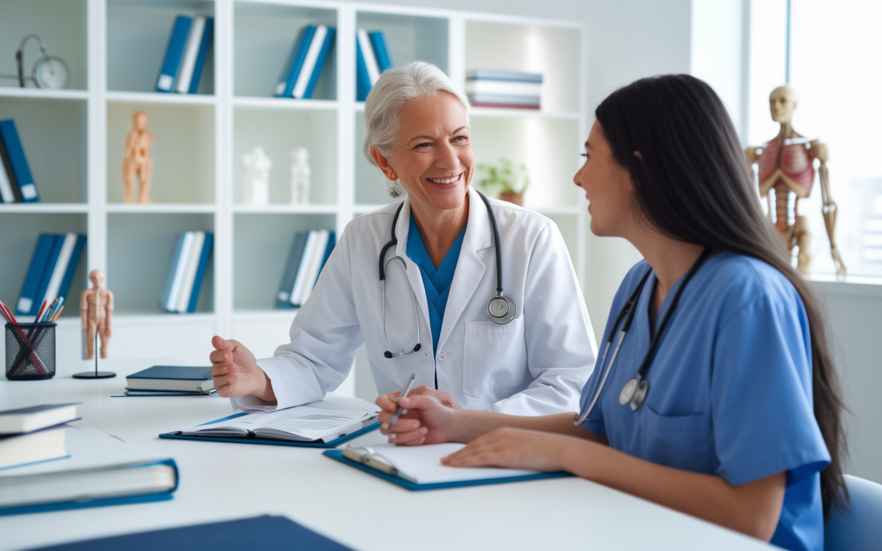 A mentorship session between an experienced female physician and a young medical student in a modern medical office. The senior physician is smiling and sharing insights, while the student, eager and taking notes, absorbs the knowledge. The environment is bright and welcoming, filled with medical books and anatomical models, emphasizing growth and learning in the field. The scene captures the supportive atmosphere of mentorship with soft, motivational lighting.