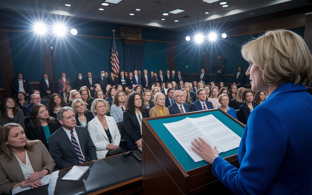 A powerful scene at a legislative hearing where women advocates, including physicians and nurses, are discussing healthcare reforms. The room is filled with policymakers attentively listening, as one woman speaks passionately at the podium, holding a document. The atmosphere is one of determination, with bright lights spotlighting the speakers and a diverse audience reflecting the urgency of change. The details capture the seriousness and commitment of advocacy efforts in medicine.