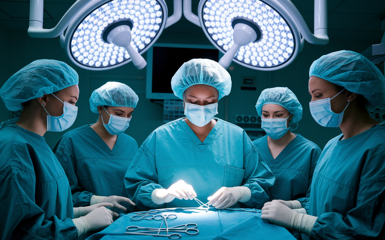 A determined female orthopedic surgeon, Latonia Smith, in the operating room, donning surgical scrubs and a confident expression while performing surgery. The high-tech surgical equipment and bright surgical lights enhance the atmosphere of professionalism. Around her, a diverse surgical team collaborates with focused expressions, representing modern teamwork in a traditionally male-dominated field. The scene is illuminated by overhead surgical lights, emphasizing the surgeon's expertise and pioneering spirit.