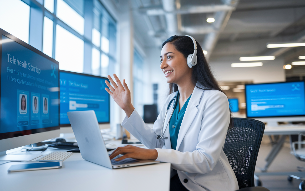 A dynamic female health tech entrepreneur, Dr. Shreya Patil, sitting in a modern office space filled with cutting-edge technology and digital screens displaying maternal care solutions. She is engaged in a video call, passionately discussing her telehealth startup. The atmosphere is vibrant and innovative, with bright natural light coming through large windows, suggesting creativity and forward-thinking in healthcare technology.