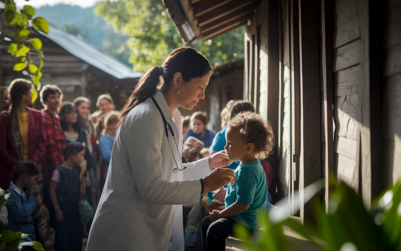 Dr. Maria Gonzalez, a compassionate pediatrician, examines a young child in a rural village in Central America. The scene features simple wooden structures and a warm community setting, where villagers gather curiously around. Sunlight filters through lush greenery, illuminating the doctor's gentle interaction with the child. The atmosphere symbolizes hope and dedication to improving healthcare access in underserved areas.