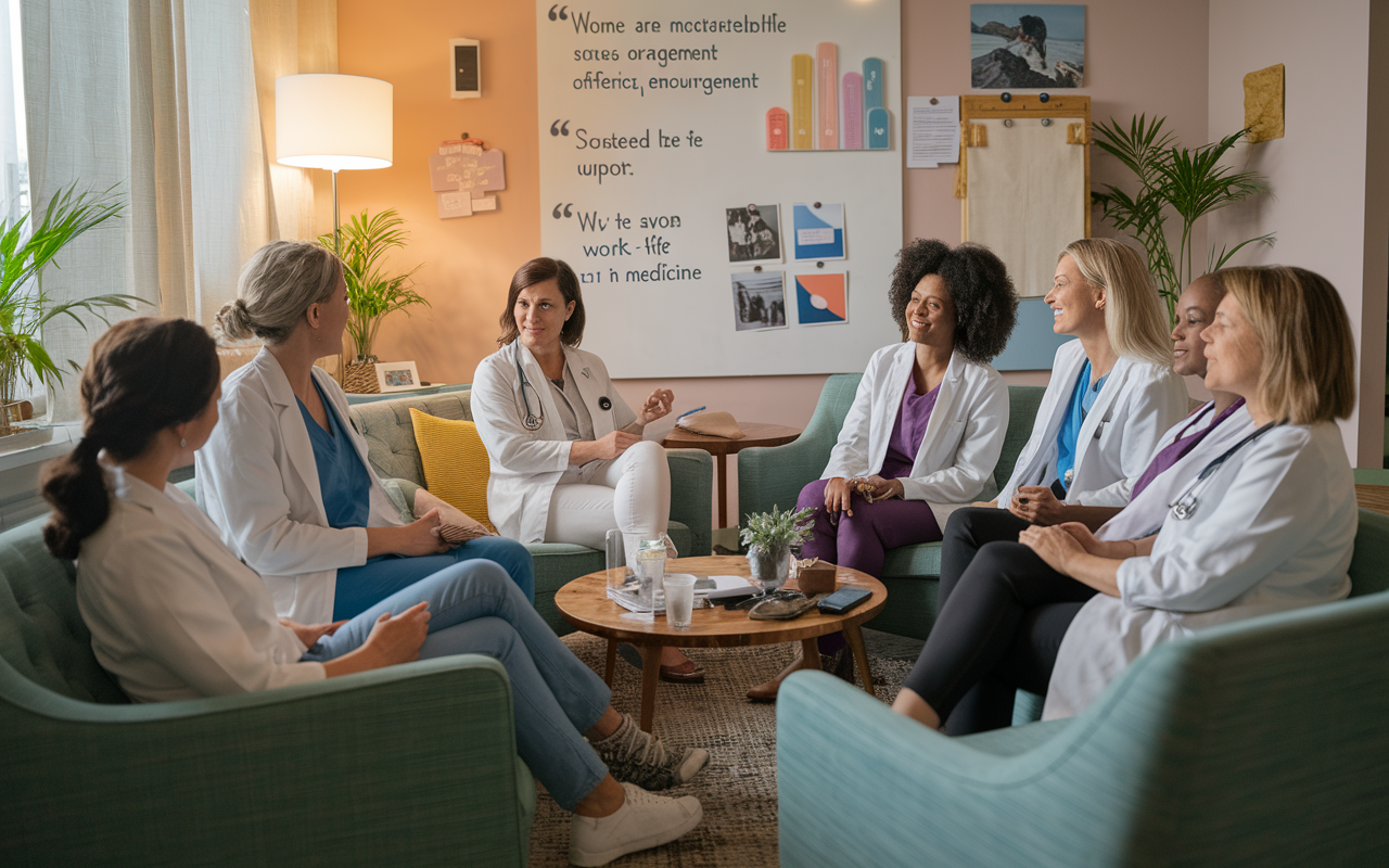 A group of diverse female physicians seated in a cozy, well-lit room for a support group meeting. The atmosphere is warm and inviting, with soft lighting and comfortable seating. Women are sharing stories and offering encouragement, fostering camaraderie and support. Visual elements include a whiteboard with motivational quotes, charts related to work-life balance, and personal artifacts that showcase individual journeys in medicine.