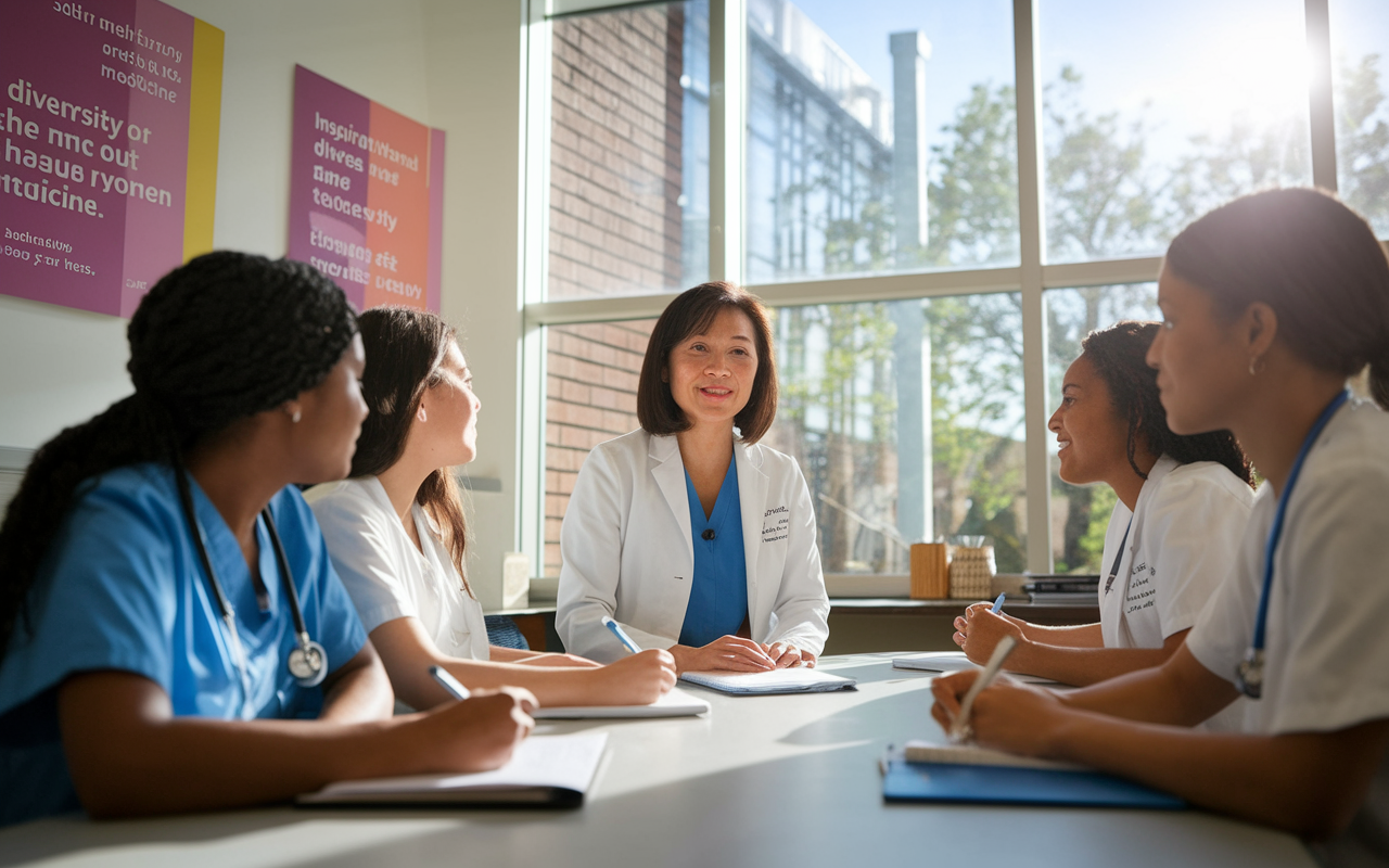 Dr. Lin Chen, a dedicated mentor, meets with aspiring female medical students in a bright university classroom. The scene shows engaged discussions, with students taking notes and asking questions. Inspirational posters about diversity in medicine are on the walls. Natural light moves through large windows, casting a hopeful glow on the future of these young women in medicine.