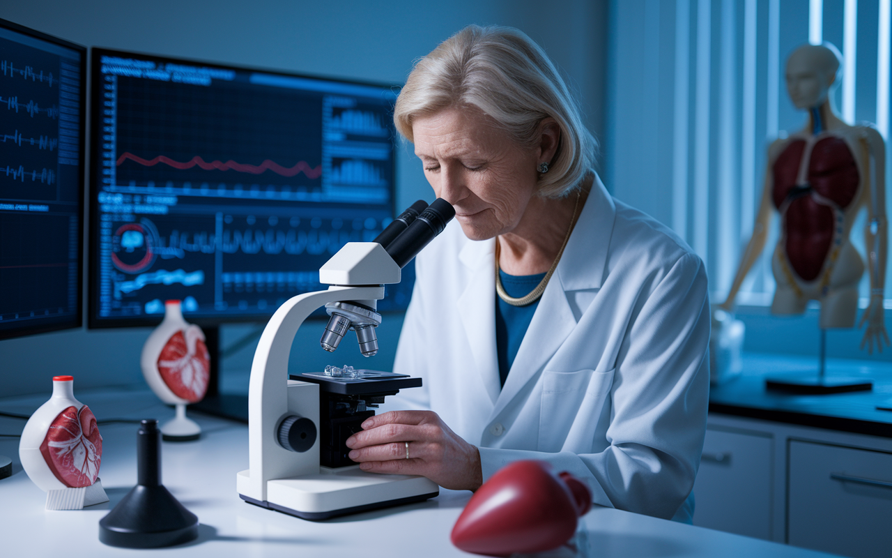 Dr. Elizabeth Nabel in a modern research lab, intently studying a heart model under a microscope. Surrounding her are advanced research tools, anatomical models, and data charts on screens. Soft, focused lighting illuminates her determined expression, symbolizing her contributions to women's heart health and groundbreaking research.