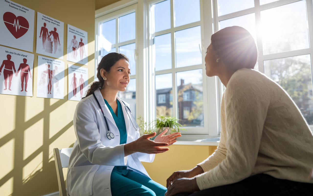 Dr. Marjan Jahangir in a bright consulting room, compassionately discussing health concerns with a female patient. The room is welcoming, filled with heart health awareness posters and medical charts. Sunlight streams through large windows, creating a warm atmosphere that emphasizes personalized and inclusive healthcare.