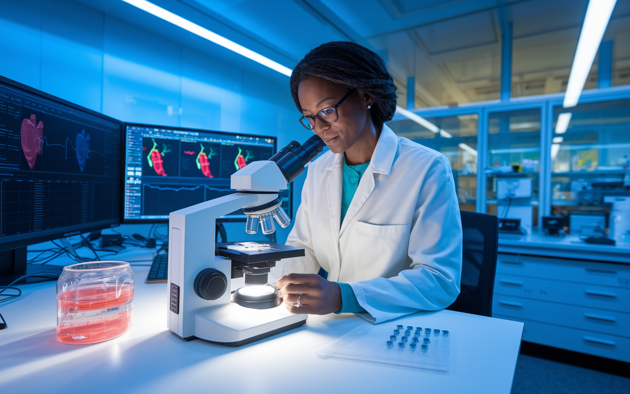 Dr. Nadine M. T. Abdullah in a high-tech research laboratory, analyzing genetic samples under a bright microscope. Surrounded by charts and genetic sequencing data on screens, her focused expression reflects dedication to advancing cardiogenetics. The lab is modern with vibrant colors, showcasing the excitement of innovation in research.