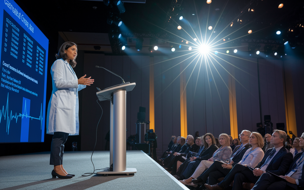 Dr. Deepika Deokar presenting her groundbreaking research at a medical conference. She stands confidently at the podium, with a large screen behind her displaying data and findings. The audience, a diverse group of medical professionals, is engaged and attentive. Bright stage lights highlight her passion for advocating women's health in cardiology.