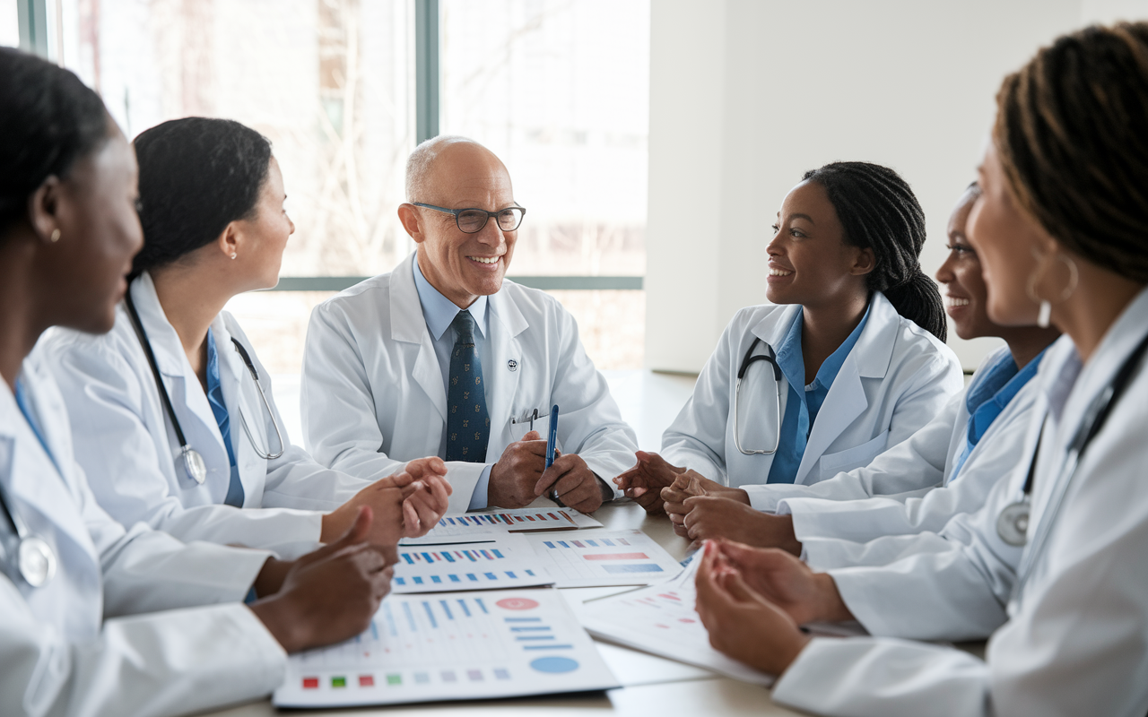 Dr. C. Noel Bairey Merz in a meeting room, mentoring a group of young female cardiologists. They are engaged in a vibrant discussion, surrounded by charts and cardiology resources. The room is brightly lit, reflecting a supportive atmosphere fostering growth, ambition, and collaboration in the field of cardiology.