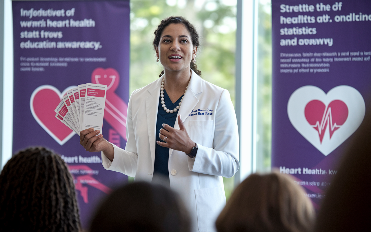 Dr. Geetha R. Reddy speaking at a public health event, passionately advocating for women's heart health. She stands in front of a crowd holding informative pamphlets, with banners highlighting heart health statistics and awareness. Soft, natural lighting creates an inviting atmosphere, emphasizing her commitment to education and advocacy.