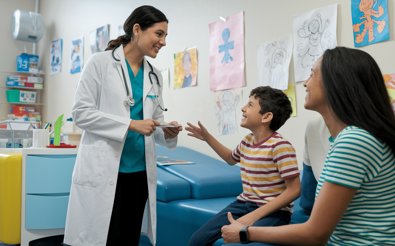 In a bright and colorful pediatric clinic, Dr. Maria Patel stands beside a young boy, engaged in an uplifting discussion with him and his parents. She uses visual aids to explain asthma management, demonstrating her commitment to cultural sensitivity and empathy. The room is filled with children's drawings and medical posters, creating a warm atmosphere of learning.