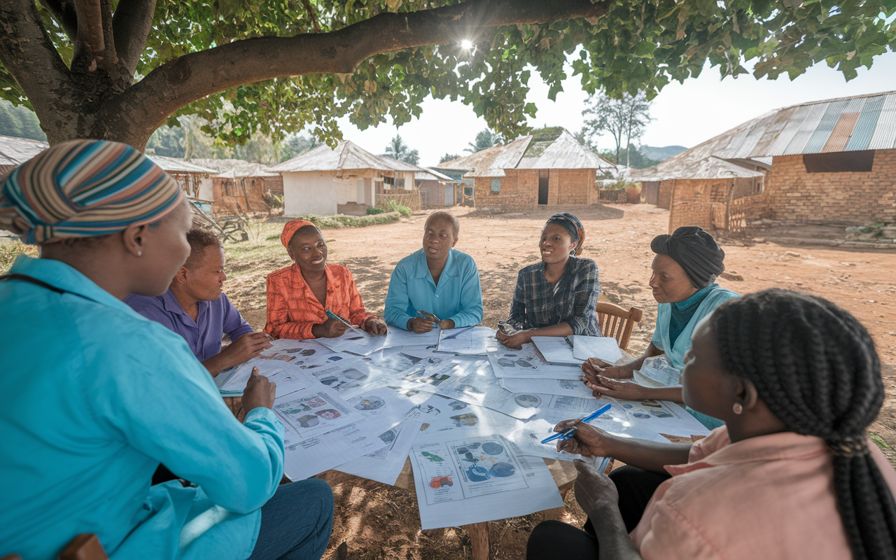 A scene in a rural village where healthcare volunteers are conducting a training workshop for local health workers. The group is gathered under a large tree with charts and diagrams about hygiene and nutrition spread out on a table. The local health workers, diverse in age and gender, are engaged and taking notes, showing a sense of community collaboration. Soft sunlight filters through the tree leaves, illuminating the passionate expressions of the trainers, while an array of local homes is visible in the background.