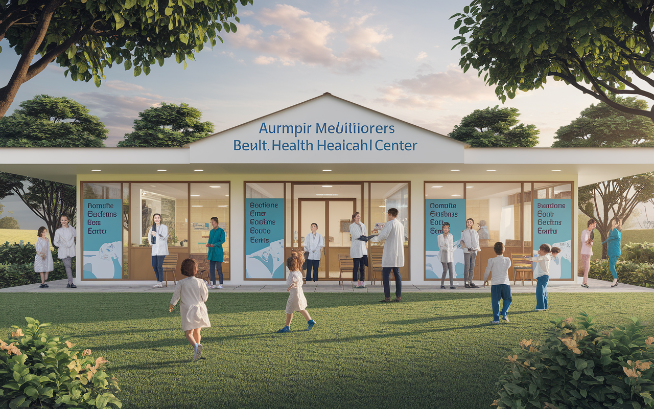 An inspirational image showing a thriving community health center established by a previous medical mission, where local practitioners are actively attending to patients in a modern, well-equipped facility. The center is surrounded by a lush green area, with children playing outside, reflecting hope and growth. The atmosphere is bright and welcoming, symbolizing the positive outcomes of sustained healthcare efforts in the community, complete with banners showcasing health education efforts.