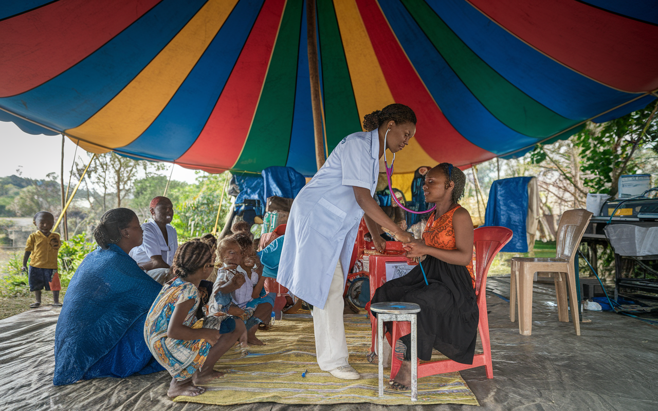 A dedicated healthcare volunteer taking the lead in a mobile clinic set up under a large colorful tent in a rural area. Patients eagerly waiting for treatment, with children playing nearby, while the volunteer examines a patient with a stethoscope. The background includes makeshift medical equipment and vibrant local scenery, showcasing a sense of community resilience and support. The scene is illuminated by natural daylight, creating a warm, hopeful atmosphere.