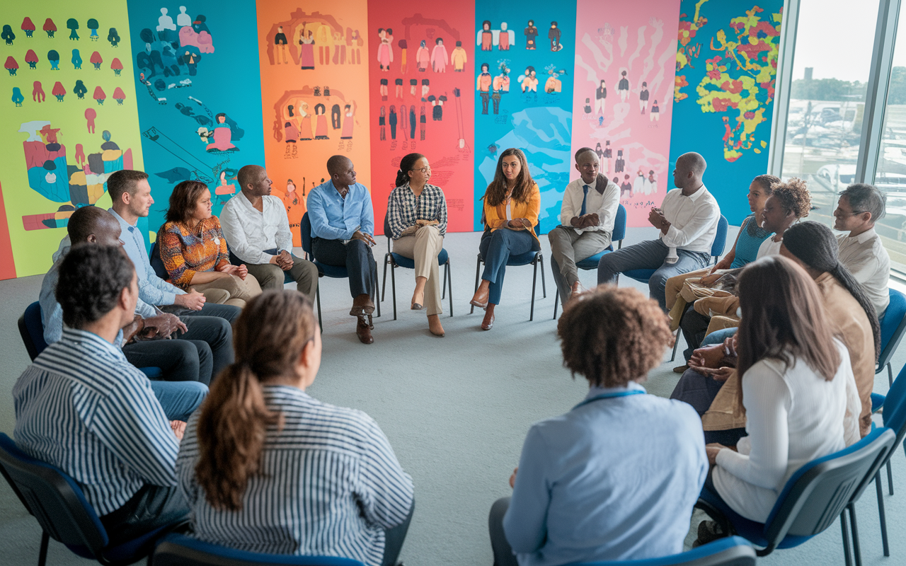 An engaging scene depicting a volunteer participating in a pre-departure training session focused on cultural sensitivity. The room is filled with diverse participants sitting in a circle, discussing local customs and healthcare practices, with vibrant visuals and maps displayed on the walls. The atmosphere is energetic and collaborative, highlighting the importance of preparedness and understanding in volunteer work.