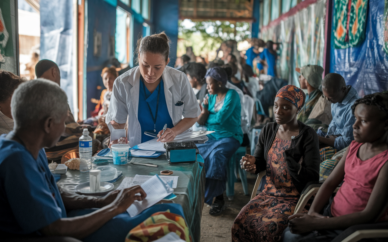 A healthcare volunteer assisting a patient in a makeshift clinic bustling with activity, showing adaptability amid a busy environment. The volunteer is calmly taking notes while speaking to a local healthcare worker, surrounded by families waiting for treatment. The clinic is decorated with local art, and natural light pours in through open windows, illuminating the atmosphere of urgency and compassion.