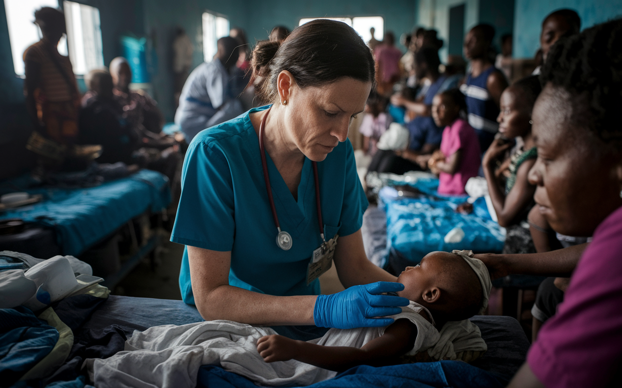 A determined pediatrician, Dr. Sarah Mitchell, working in a challenging environment in Haiti post-earthquake. The scene is filled with urgency; a close-up view of Sarah in scrubs, intently examining a malnourished child inside a crowded hospital with dim lighting. Surrounding her are concerned families, scattered medical supplies, and a backdrop of makeshift beds. The atmosphere is filled with hope despite the devastation, capturing the essence of compassion and resilience.