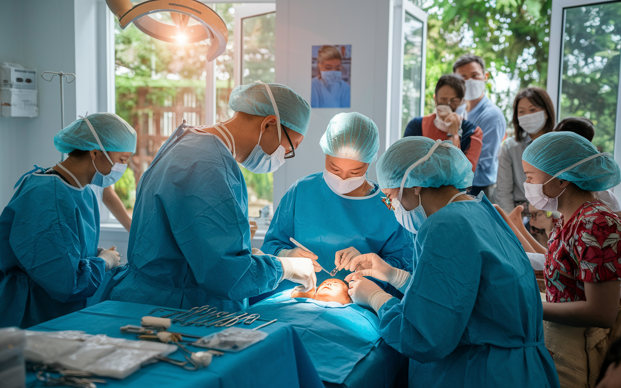 A heartwarming scene of Dr. James Kim performing a life-changing surgery on a young girl named Linh in a brightly lit operating room in Vietnam. The focus is on the surgical team working seamlessly, surrounded by medical equipment and supplies. The emotion is palpable, as family members await outside, full of hope and anticipation. Sunlight filters through the windows, symbolizing new beginnings and the impact of medical intervention.