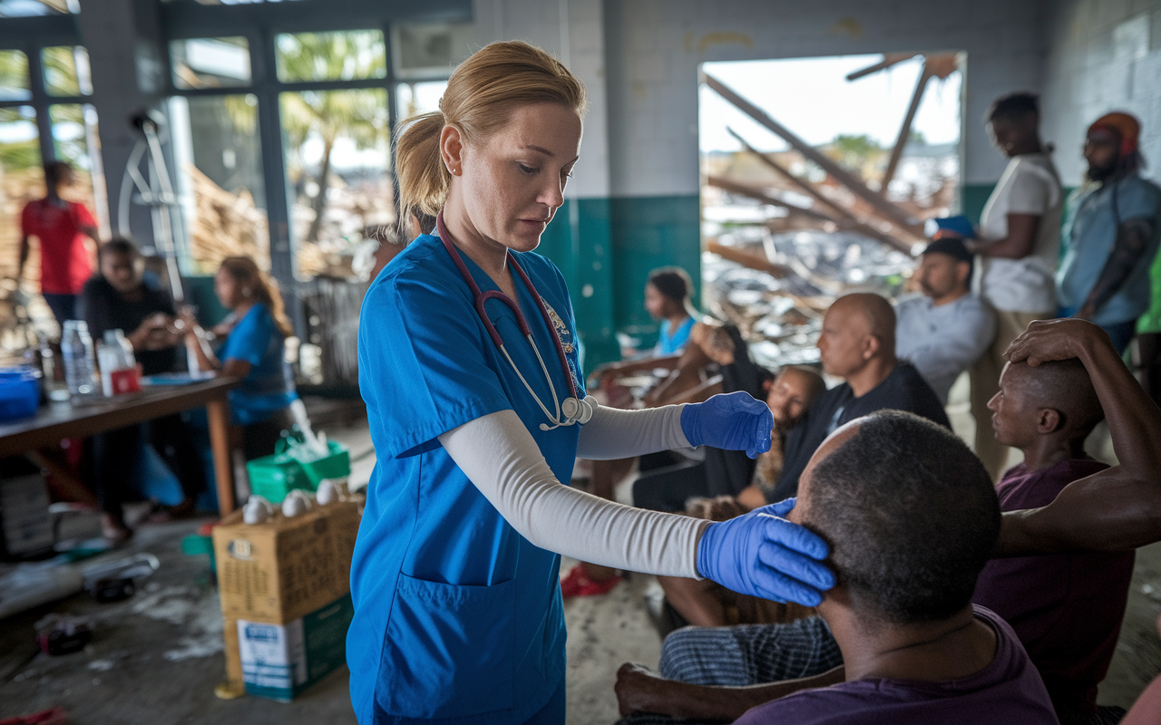 An engaging scene featuring nurse Emily Coates assessing patients in a hurricane-affected emergency shelter in Puerto Rico. The image captures the intensity of her work amidst chaos, with distressed individuals waiting for care, medical supplies organized in makeshift areas, and the destruction of the environment visible through broken windows. The lighting is bright to symbolize hope and resilience in adversity, showcasing Emily's dedication to helping others.