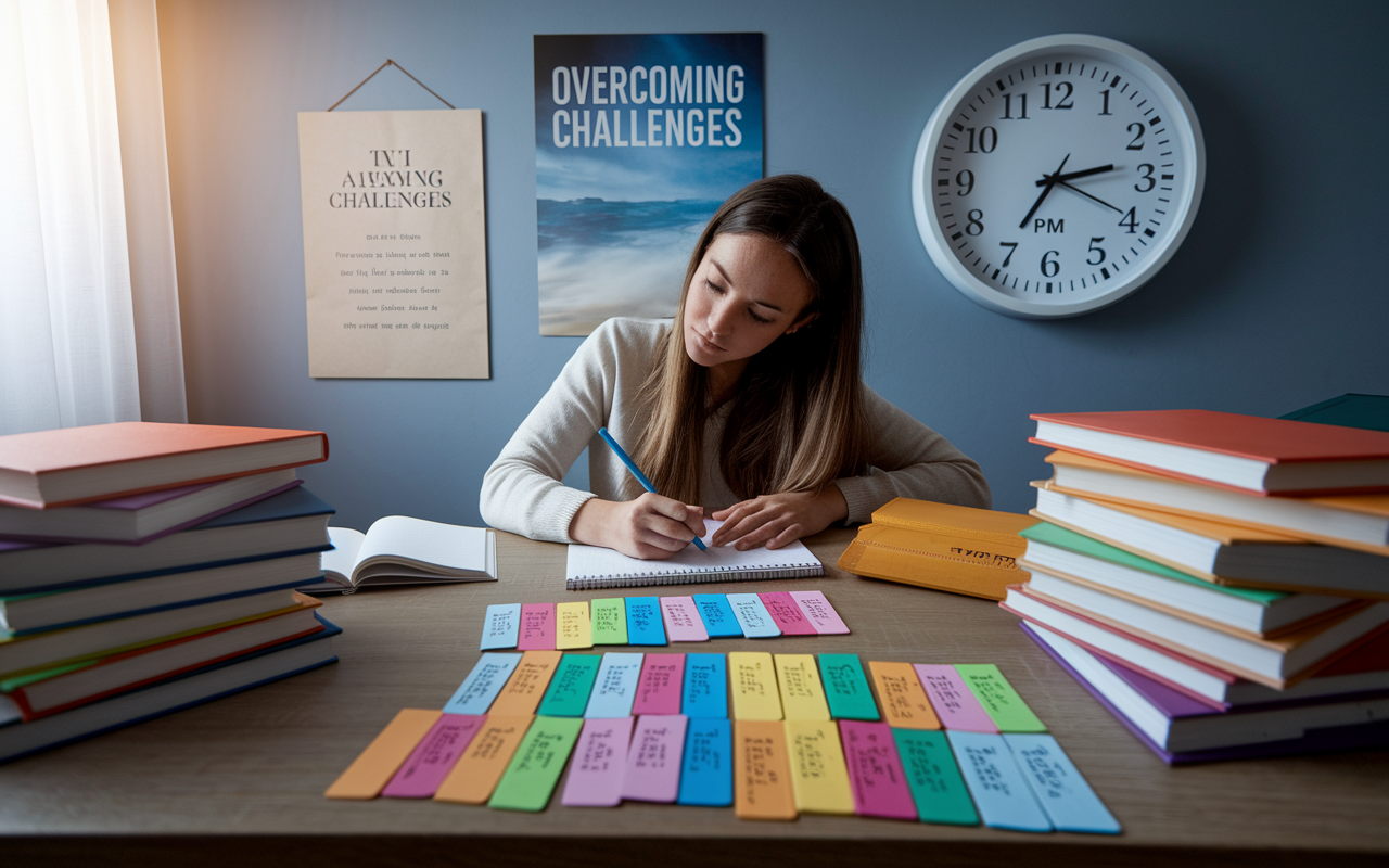 An organized desk displaying a variety of colorful flashcards and a large wall clock showing '7 PM'. A dedicated student writes notes on a notepad, surrounded by highlighted textbooks, while a motivational poster about 'Overcoming Challenges' hangs in the background. The room is illuminated by soft, natural light filtering through a window, creating a serene yet determined study environment.