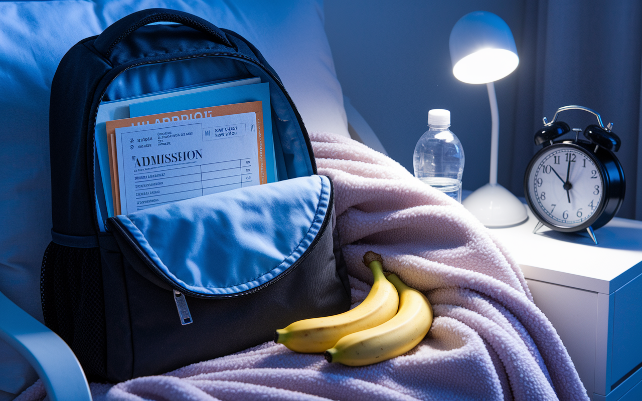 A neatly arranged study space in dim lighting, showing an open backpack with MCAT materials, a tucked admission ticket, a water bottle, and a healthy snack like a banana. A bedside alarm clock is set for an early wake-up time, and a soft blanket is draped over the chair, creating a cozy atmosphere filled with anticipation for the exam.