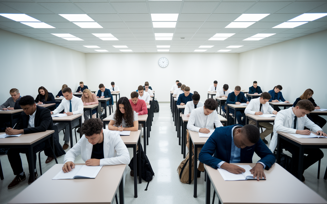 A bustling test center filled with diverse pre-med students seated at individual desks, focused on their exam. Each desk is equipped with a computer and exam materials, while a bright overhead LED lighting casts clarity upon the workspace. Students exhibit varying expressions of concentration and determination, as the clock on the wall ticks down, creating a sense of urgency.