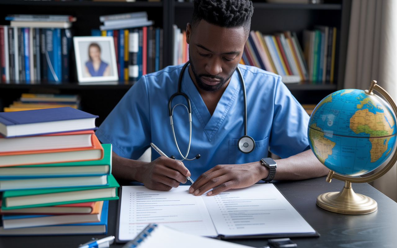 A focused healthcare professional conducting a self-assessment, surrounded by an array of medical texts and equipment. The setting is a cozy study or office with soft lighting, emphasizing a moment of introspection. The individual is looking at a checklist of clinical skills and interests. A glimpse of a family photo and a globe on a shelf signify personal values and aspirations linked to global service in healthcare.