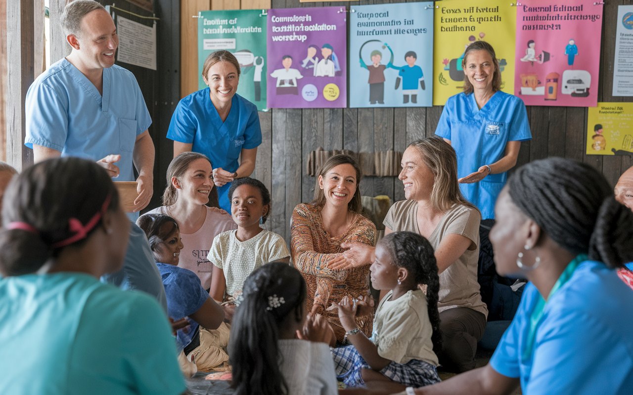 An engaging scene highlighting a group of healthcare volunteers engaging with local families in a community health education workshop. The atmosphere is filled with joy and learning, as individuals of various ages listen attentively to a presenter. Brightly colored posters about health and hygiene decorate the walls. The environment conveys a sense of cultural exchange, with community members sharing their stories, showcasing the importance of social justice and health equity in medical missions.