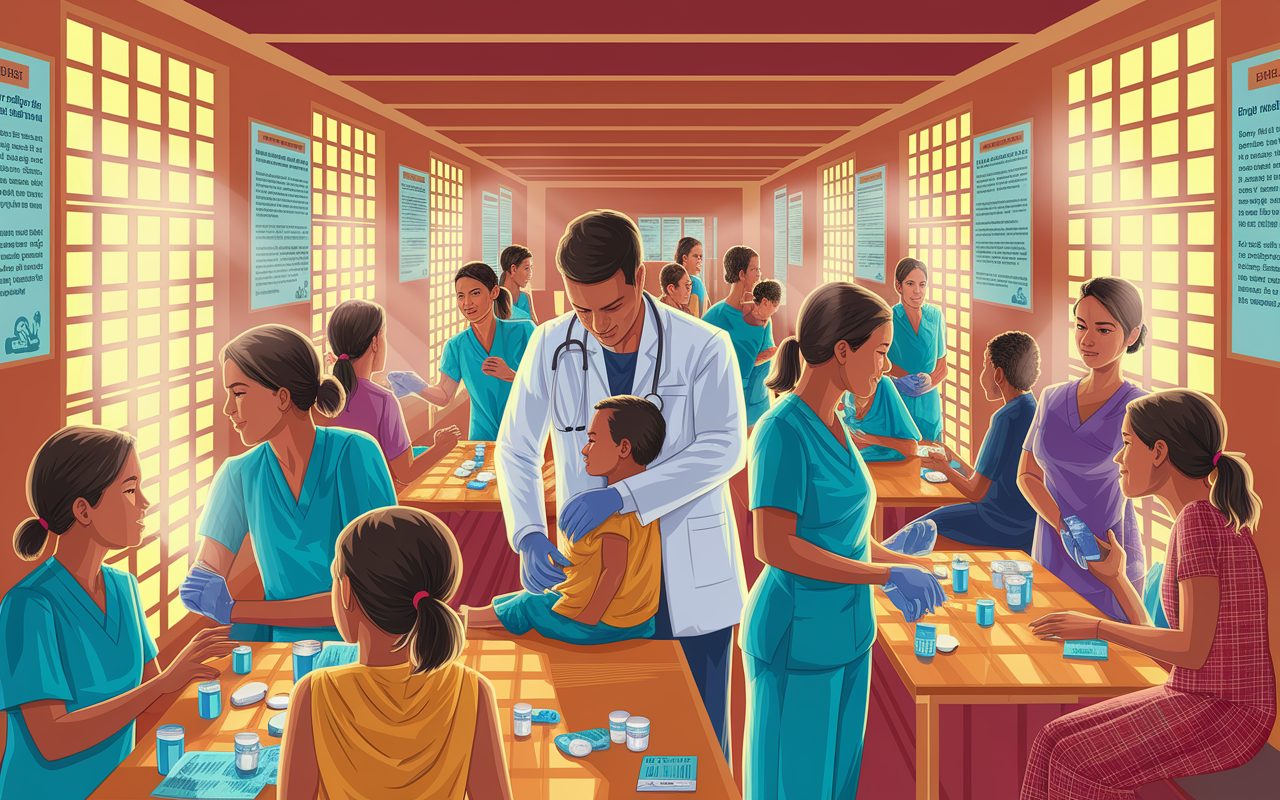 A vibrant scene inside a temporary medical clinic during a medical mission, with volunteer healthcare workers conducting various activities. A pediatrician is seen examining a child while volunteers are distributing medications and providing health education to mothers in the background. The clinic is adorned with educational posters on the walls, and sunlight floods through the openings creating a warm, inviting atmosphere. The expressions on the volunteers’ faces reflect compassion and determination, showcasing the essence of their humanitarian work. Artistic style, emphasizing warmth and hope.