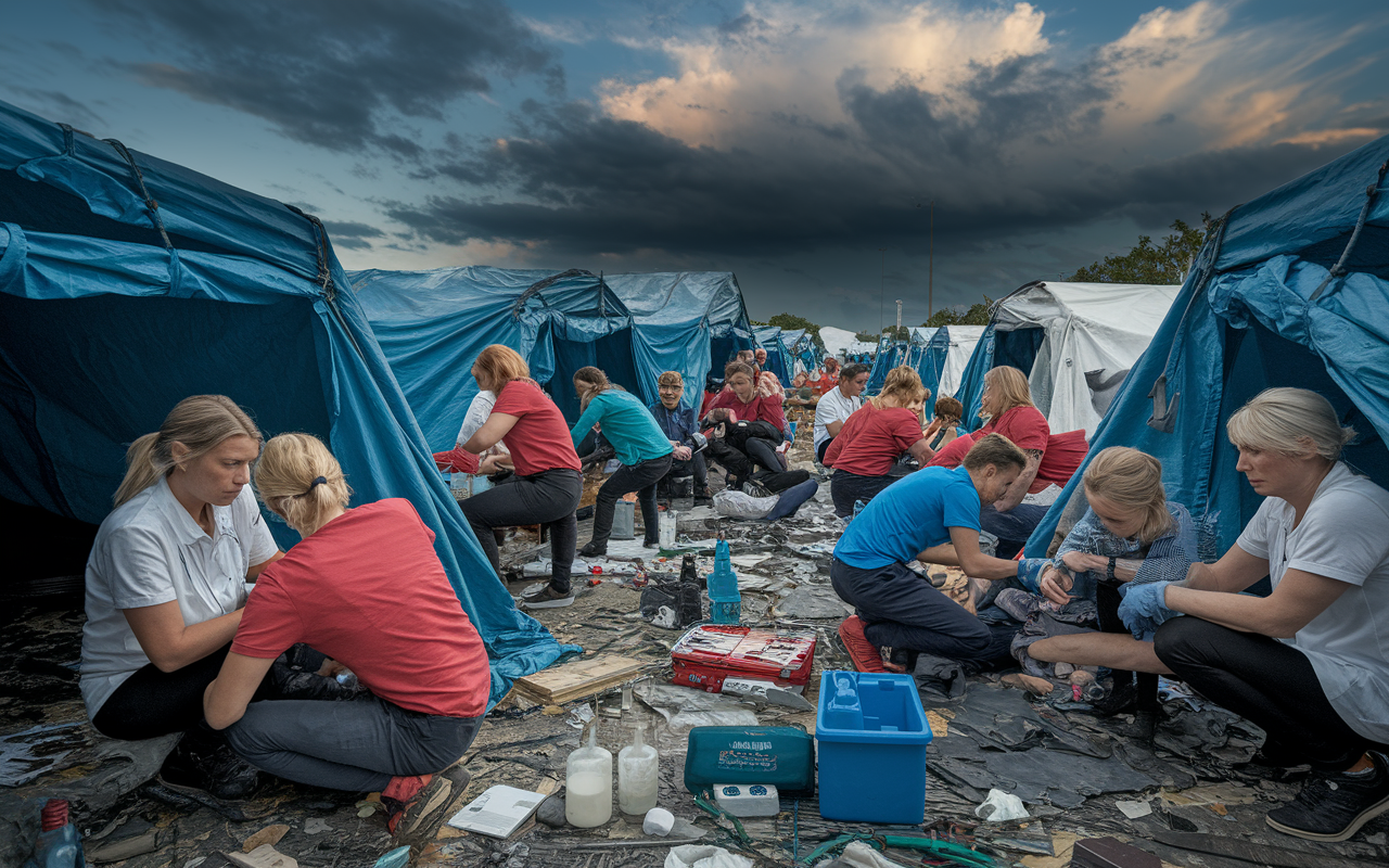 A rapid response scene showcasing a medical mission team providing emergency relief in a disaster-stricken area. Team members are tending to patients in makeshift tents surrounded by debris and signs of a recent natural disaster. They work quickly but methodically, with medical supplies scattered around. The emotional intensity is palpable as the team shows compassion and urgency while interacting with local families in distress. Dark clouds loom overhead, casting dramatic shadows, contrasting with the determination and resilience in the volunteers’ expressions. Documentary style to capture the gravity of the moment.