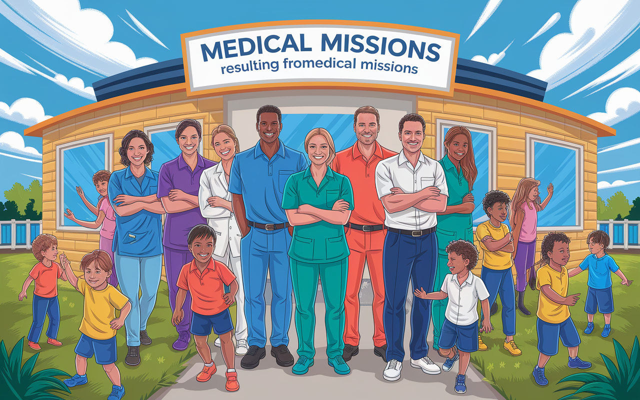 A powerful scene symbolizing hope and empowerment resulting from medical missions. A group of local healthcare workers and international volunteers stand together in front of a newly built clinic, smiling and embracing their roles in community health. The background shows a clear sky and significant improvements in the healthcare infrastructure, illustrating progress. Children play joyfully, representing the future, while adults engage in health education discussions. The composition should convey unity, strength, and the promise of a healthier tomorrow. Inspirational art style that conveys optimism and connection.